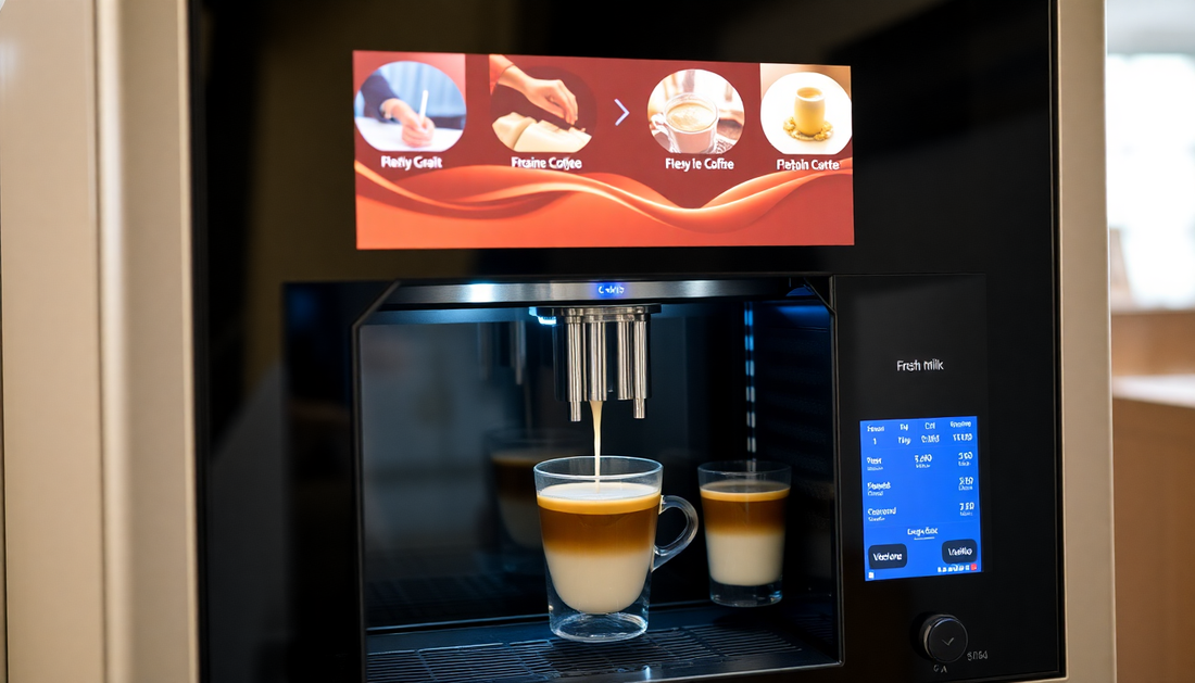 Atlantis Brew coffee vending machine price shown on a modern coffee machine brewing two cups of layered coffee with milk