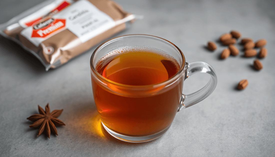 A cup of cardamom tea with premix powder packaging