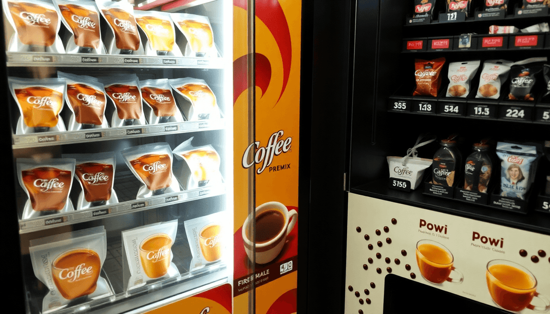 Coffee premix packets next to a vending machine
