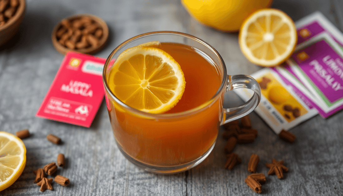 A cup of lemon masala tea with tea premix packets