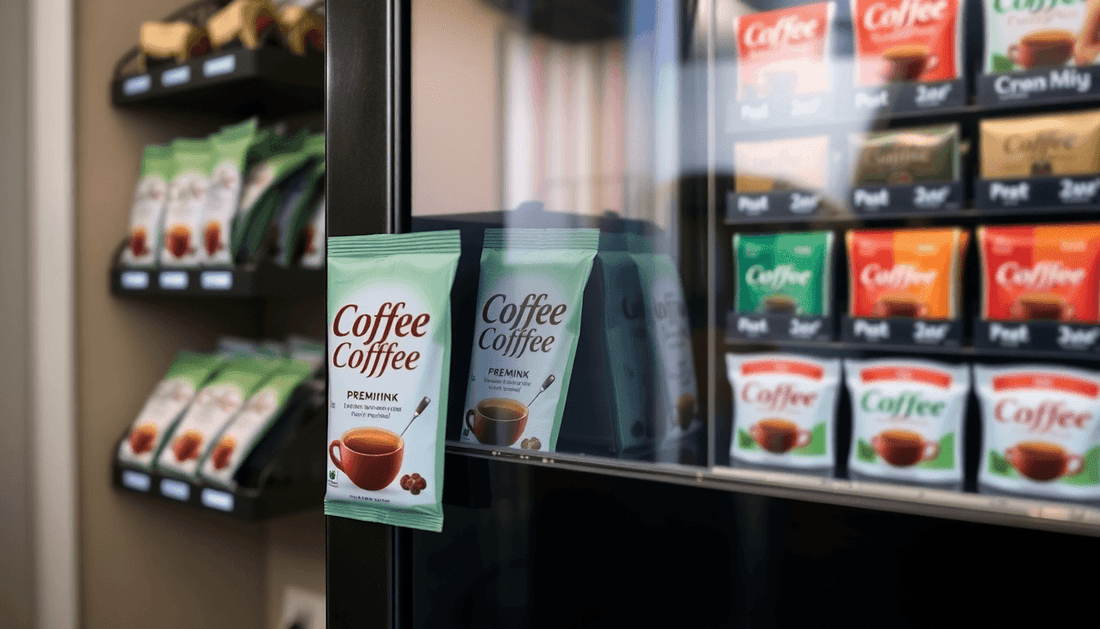 Coffee premix sachets beside a coffee vending machine