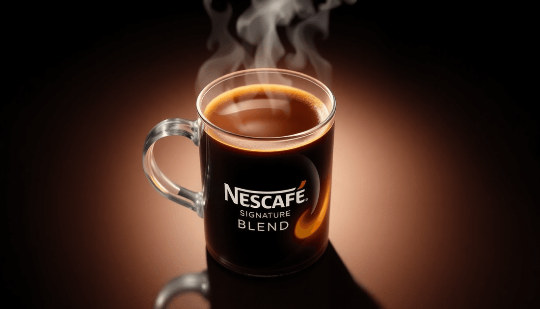 A steaming cup of Nestle Nescafe Signature Blend coffee