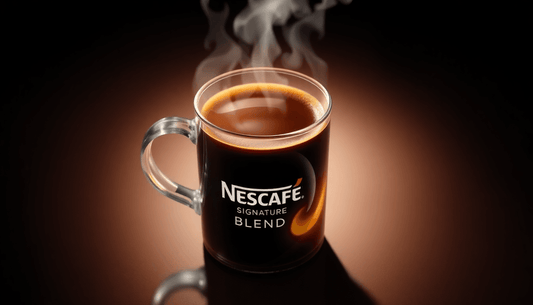A steaming cup of Nestle Nescafe Signature Blend coffee