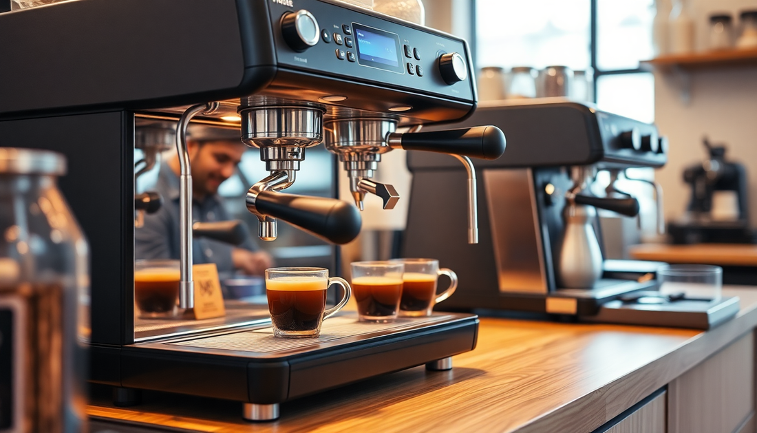 A modern coffee machine brewing coffee in a cafe