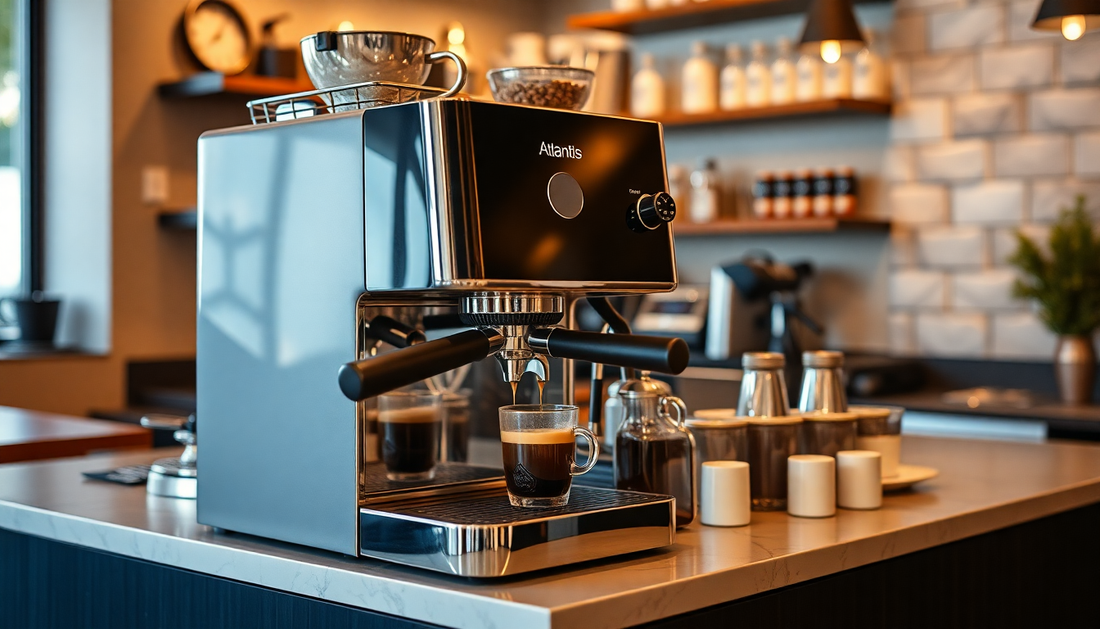 Modern Atlantis Coffee Machine 2 Lane Noida PRICE showcased on kitchen counter with espresso pour and accessories