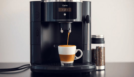 A modern coffee pod machine brewing espresso