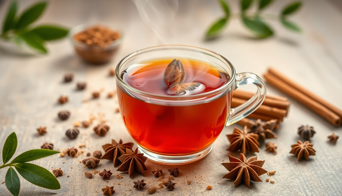 A cup of steaming Indian spiced tea with spices around