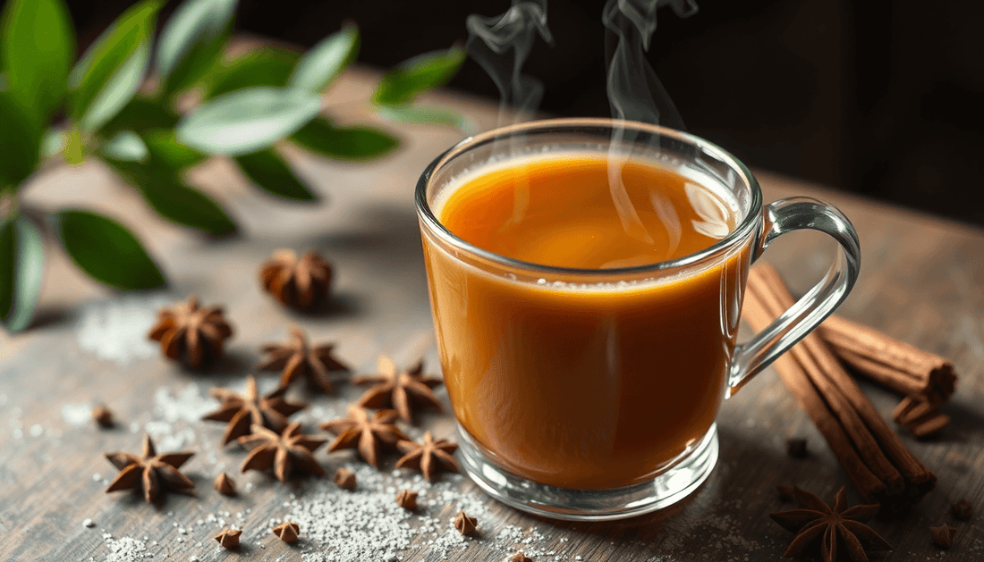 A steaming cup of masala chai with spices
