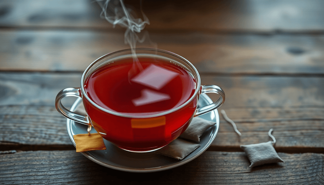 A steaming cup of tea with tea bags on a wooden table