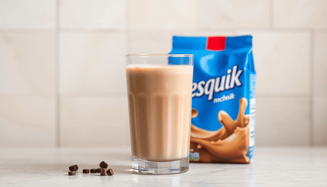 A glass of chocolate Nesquik milk with Nesquik packaging