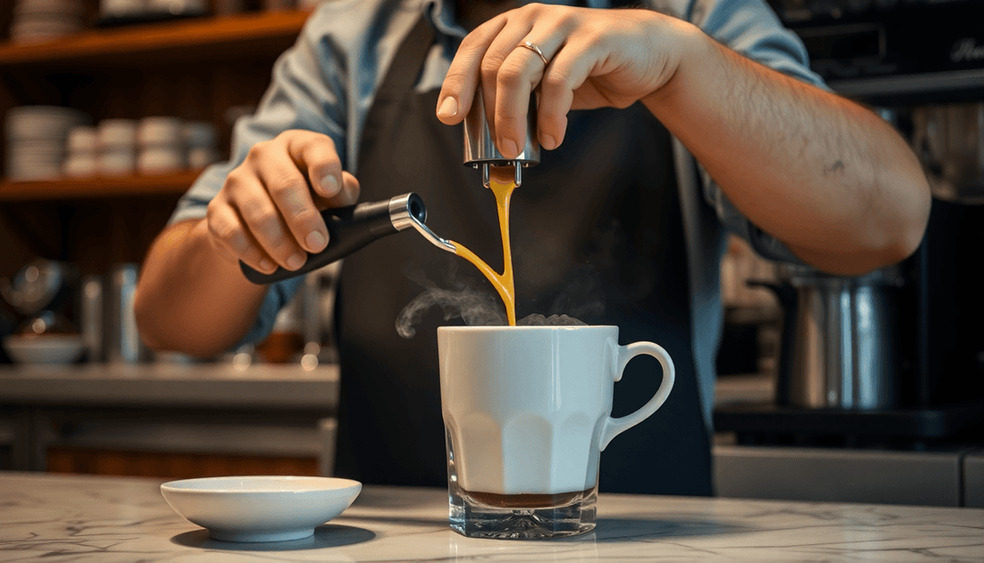 A barista preparing kadak coffee premix in a cafe