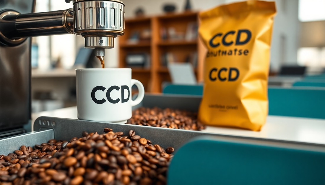 Freshly roasted CCD coffee beans in an office setting