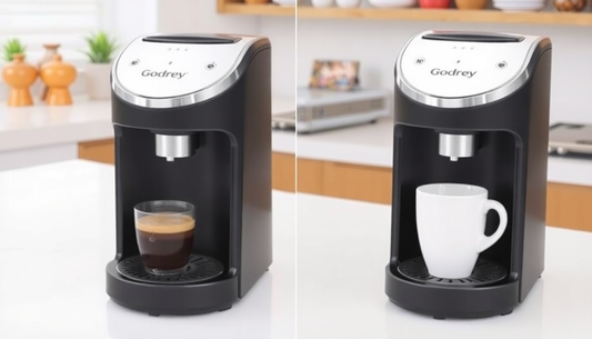 Godrej coffee vending machine Delhi black model with a coffee cup and an empty white mug on kitchen counter