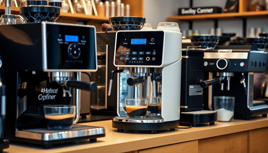 Modern coffee machines displayed on a wooden counter at an atlantis Coffee Machine Supplier ner me store