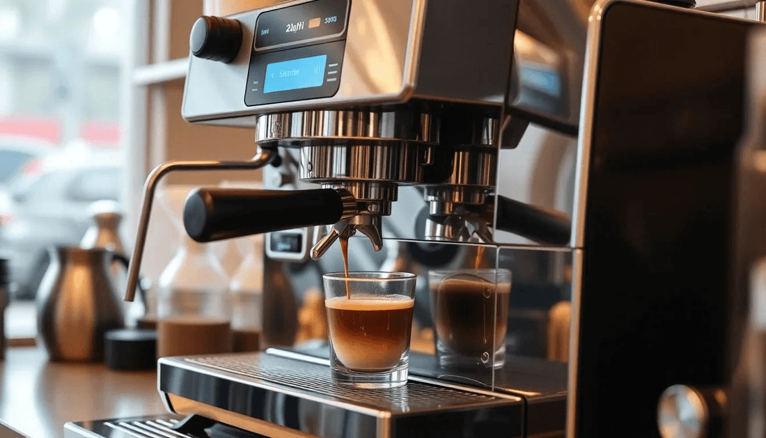 A modern coffee machine brewing fresh coffee in Delhi cafe