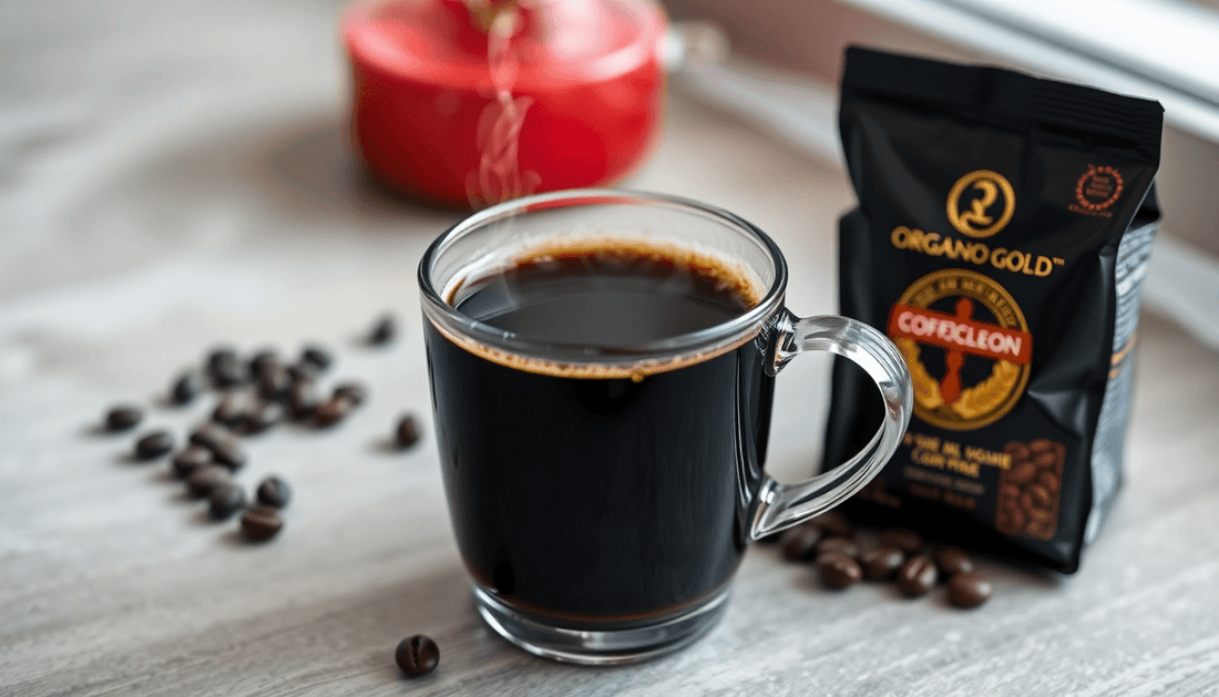A steaming cup of black coffee with Organo Gold packaging