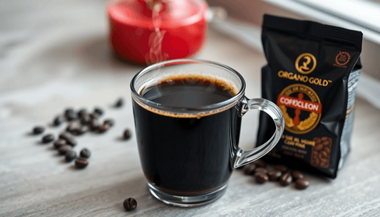 A steaming cup of black coffee with Organo Gold packaging