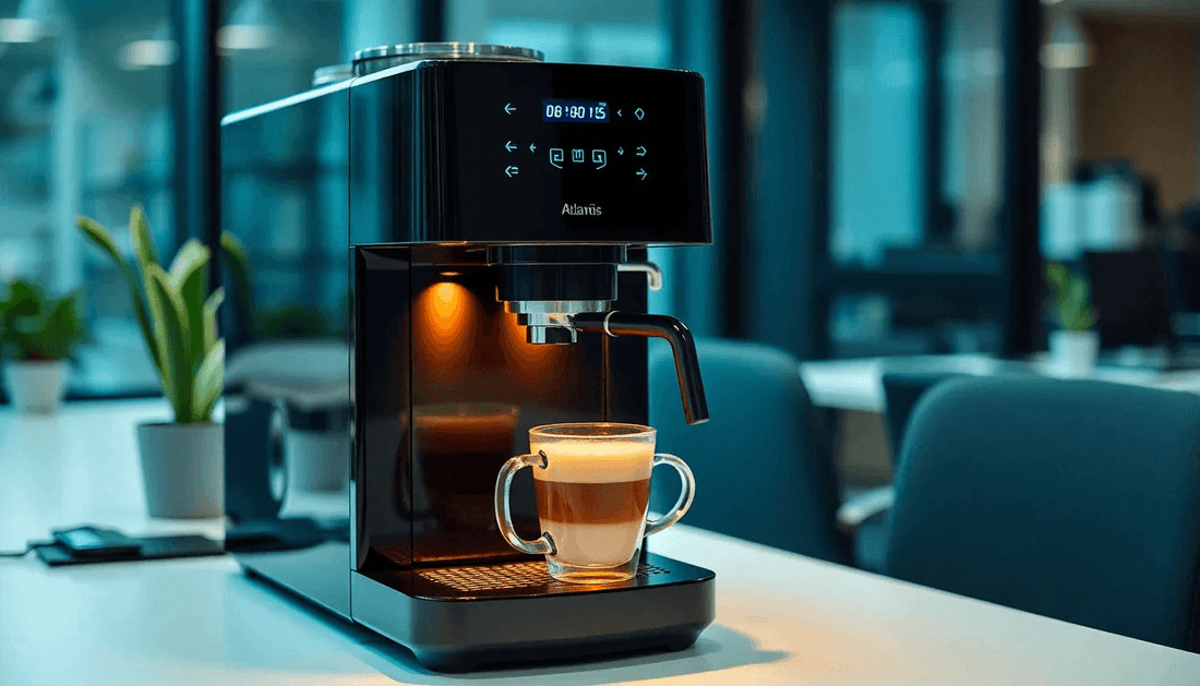 A sleek Atlantis coffee machine brewing coffee in an office