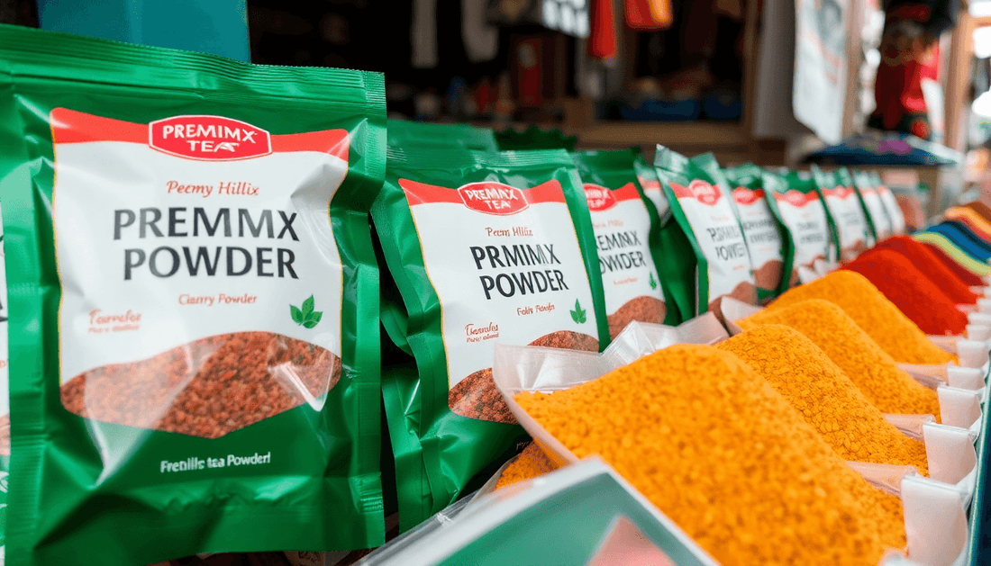 Packets of premix tea powder displayed in a market