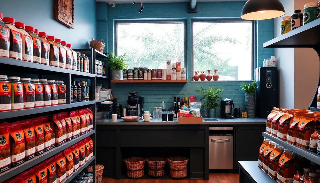 A vibrant coffee shop with shelves of instant coffee premix