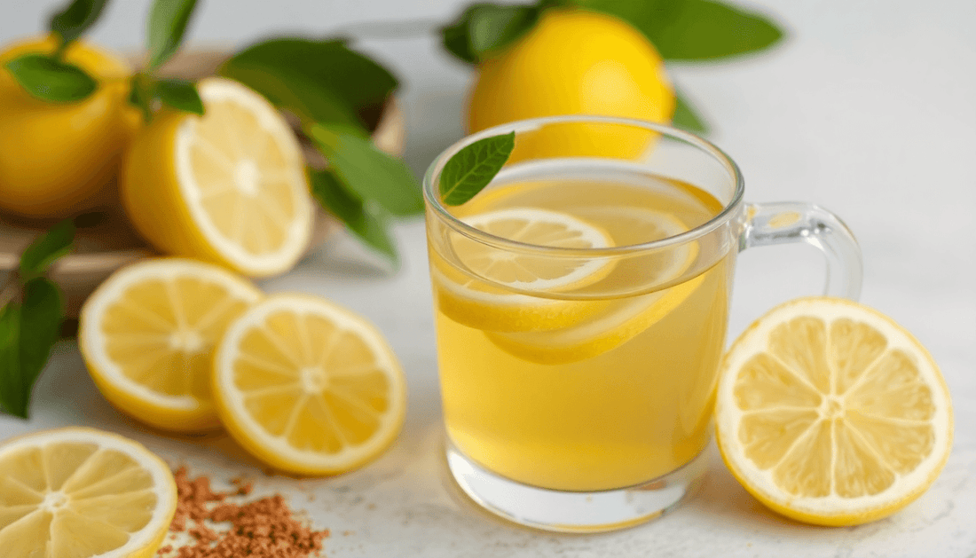 A cup of lemon tea with lemon slices and tea powder