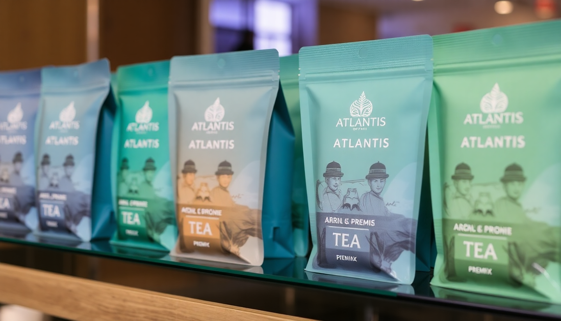 A selection of Atlantis tea premix packets on display