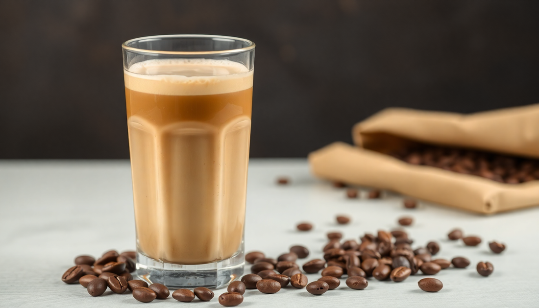 A glass of mocha cold coffee with coffee beans
