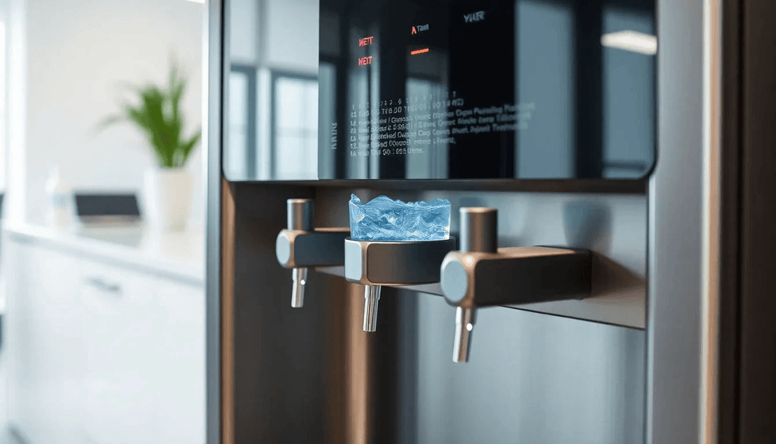 A modern office water dispenser with hot and cold taps