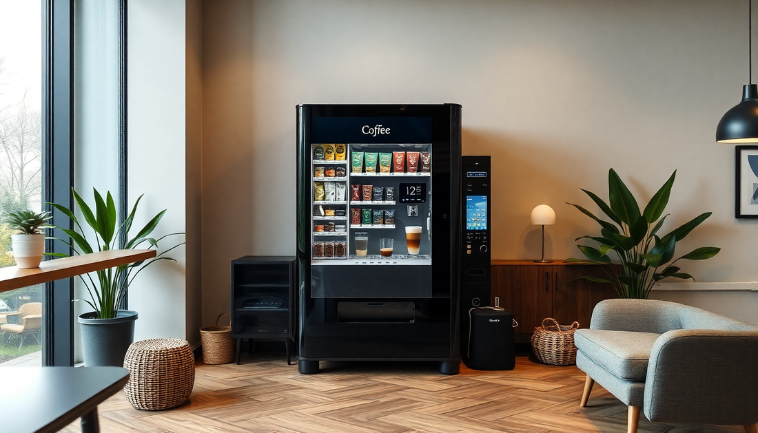 A modern coffee vending machine in a cozy office