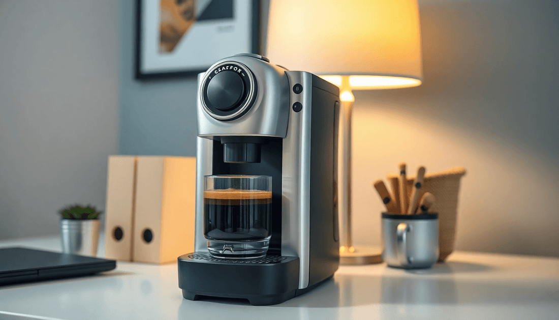 Compact coffee machine brewing fresh coffee in small office