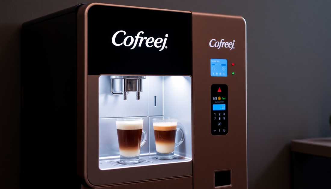A sleek Godrej coffee vending machine dispensing coffee