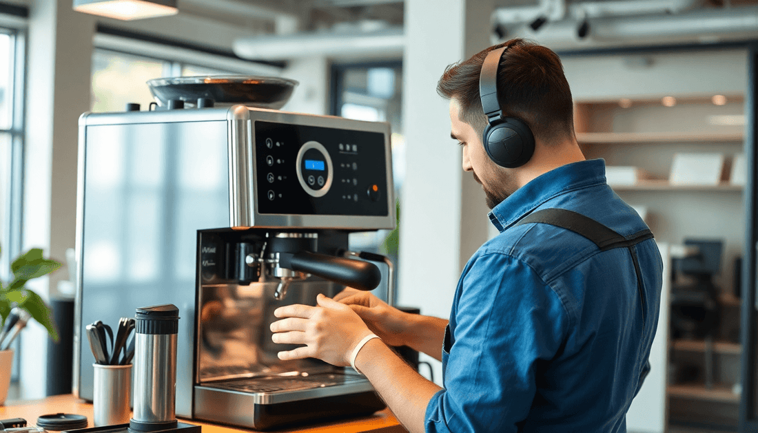 Technician repairing coffee machine in modern office