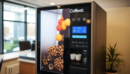 Modern coffee vending machine in office setting highlighting coffee premix supplier Vasundhara Ghaziabad