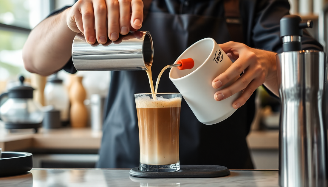 A barista preparing cold coffee with premix in cafe