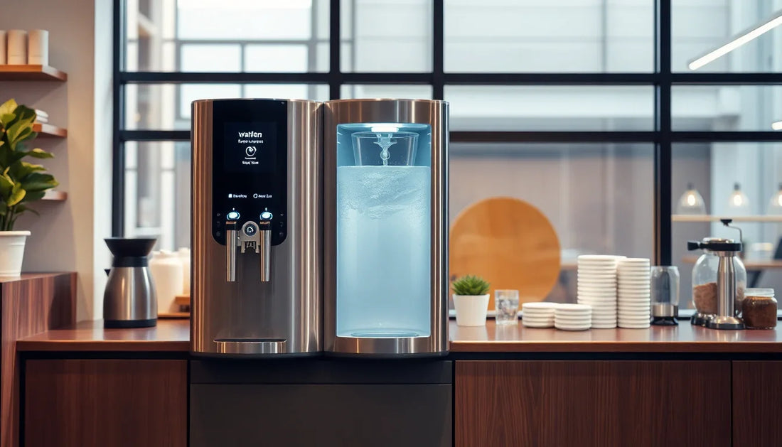 Modern hot and cold water dispenser Greater Noida placed on wooden counter in a bright kitchen setting