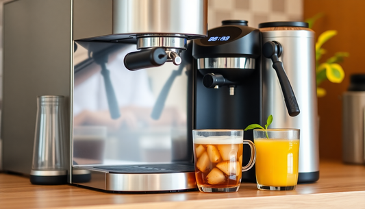 Modern coffee machine with iced tea and orange juice on wooden table showcasing best tea coffee machane in Noida