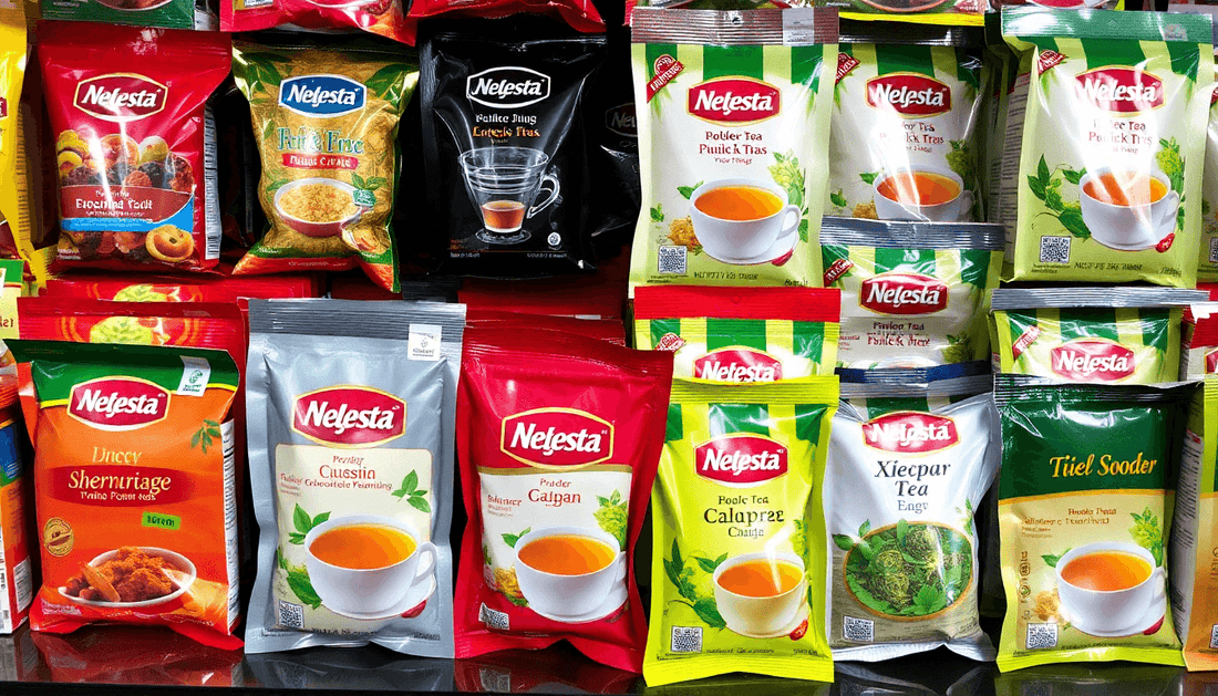 Various brands of premix tea powder packets displayed