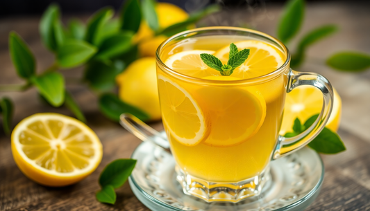 A steaming cup of lemon tea with fresh lemon slices