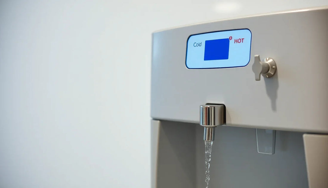 An office water dispenser with hot and cold taps