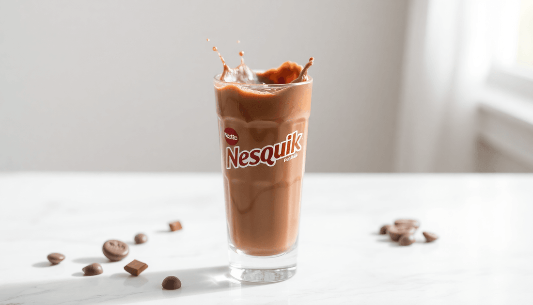 A glass of Nestle NESQUIK chocolate drink with splash