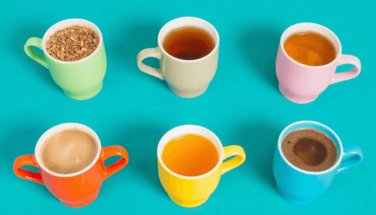A variety of colorful Coffee Day Roosh teas in cups