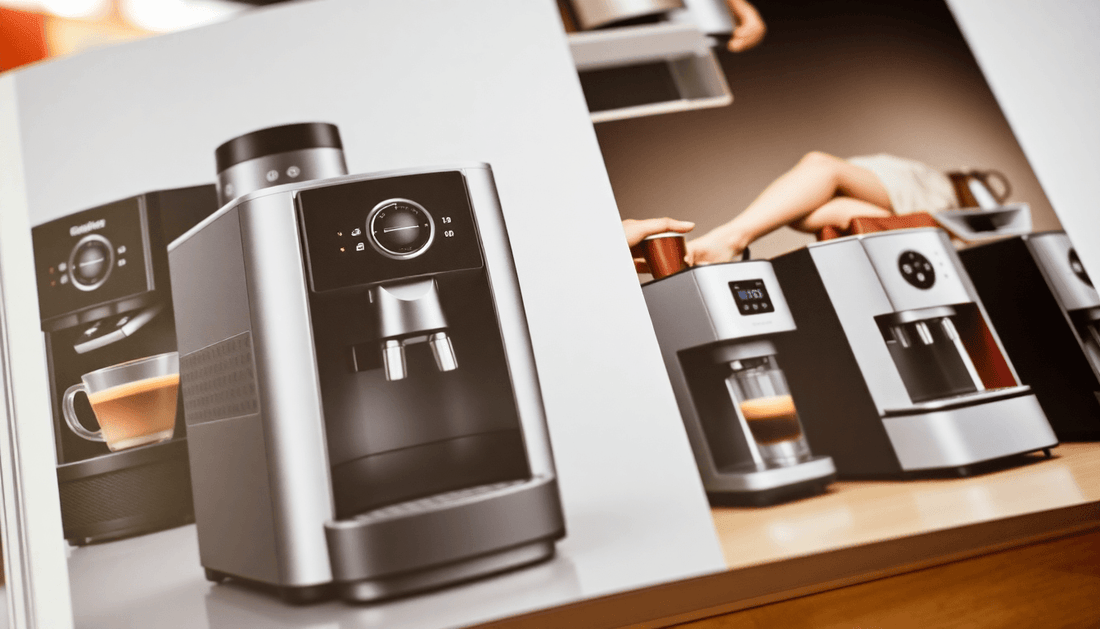 A sleek coffee machine on display in a catalog