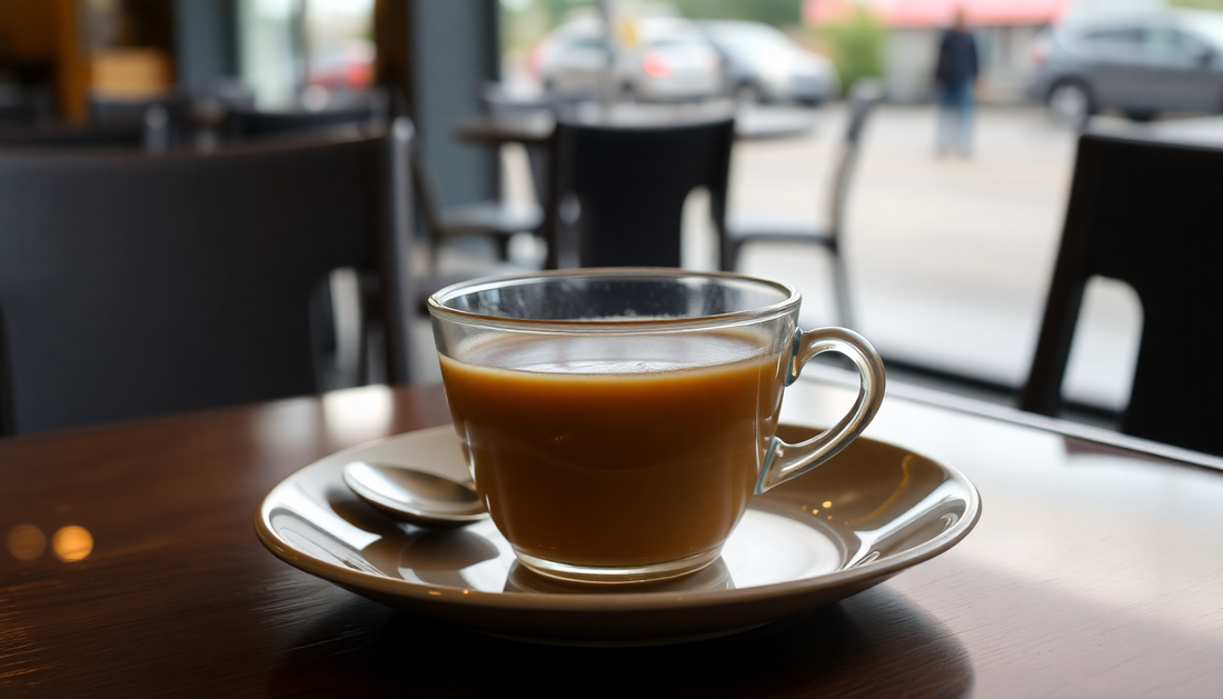 A steaming cup of instant masala tea on a café table