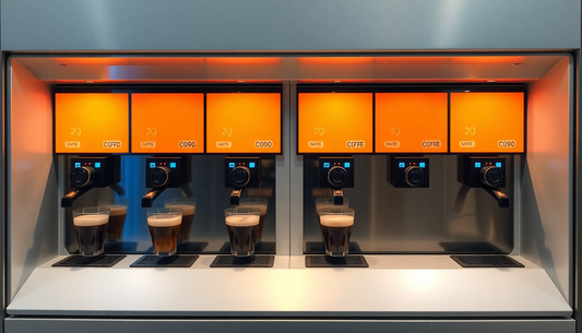 A modern 4 lane coffee vending machine dispensing coffee