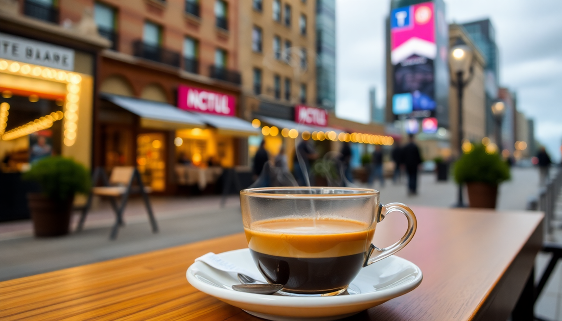Freshly brewed coffee in a clear cup on a wooden table in a city cafe representing coffee premix suppliers near me
