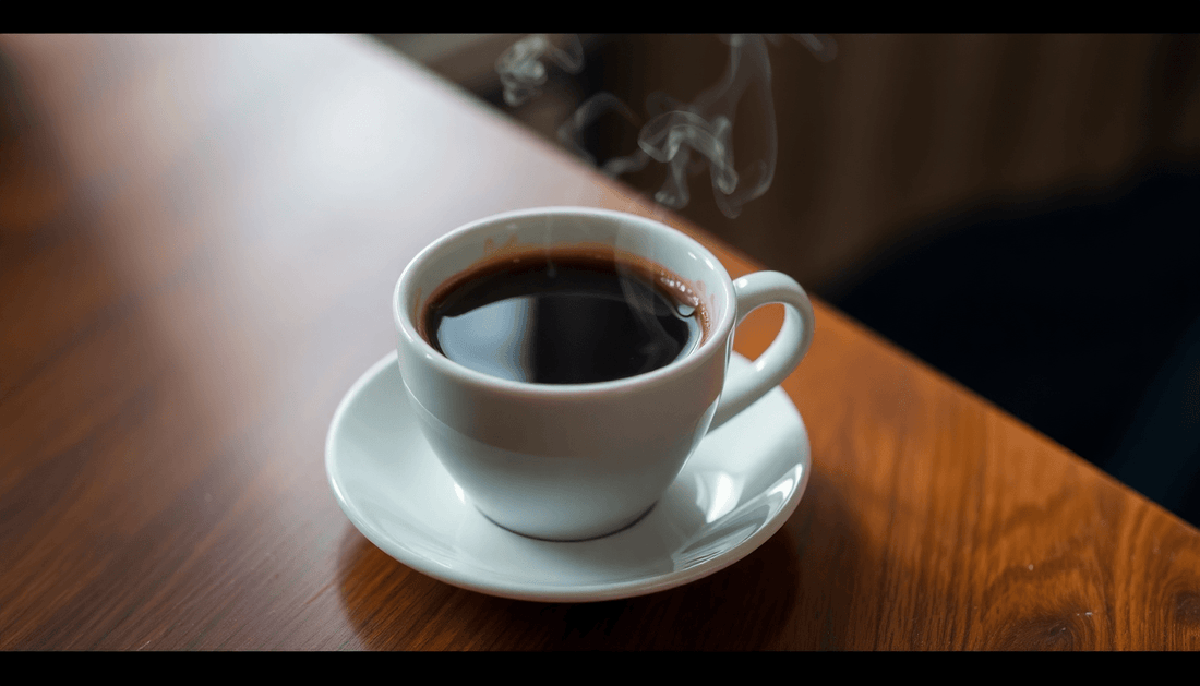 A steaming cup of black Arabica coffee on a wooden table