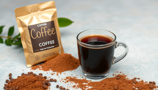 A cup of rich instant coffee with coffee powder packet