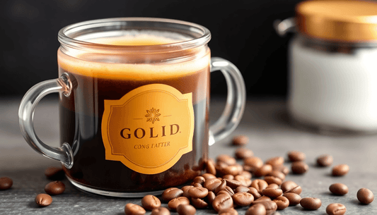 A cup of rich coffee with Signature Gold instant coffee jar