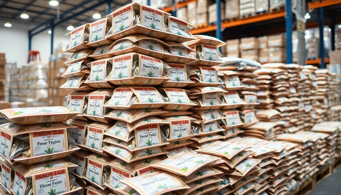 Stacked packets of herbal tea in a warehouse near a vending machine in Mohan Nagar Ghaziabad