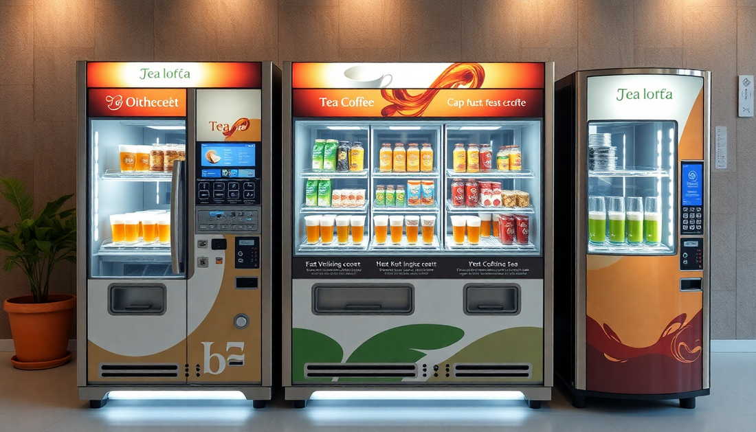 A 3 lane tea and coffee vending machine with hot tanks